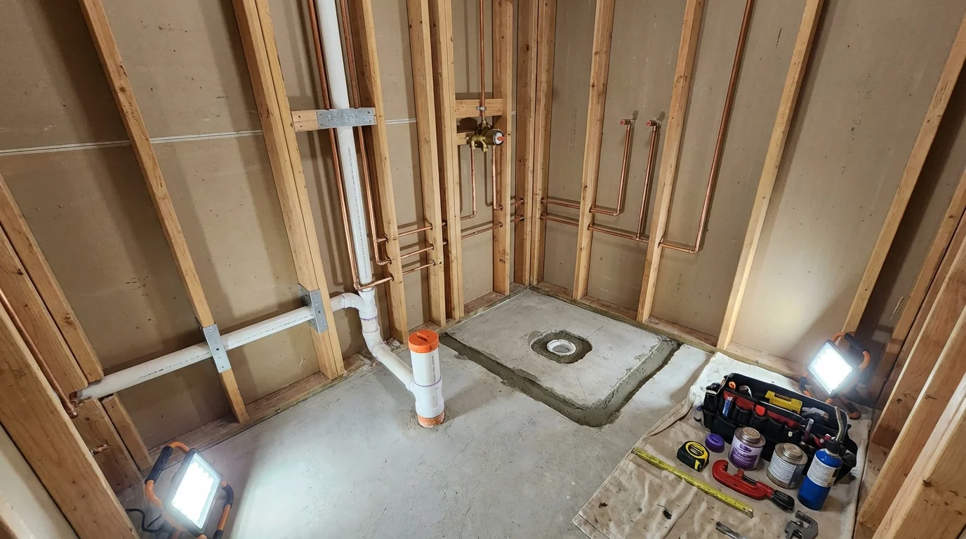 Bathroom rough-in plumbing during remodel by Johns Plumbing LLC in Depoe Bay
