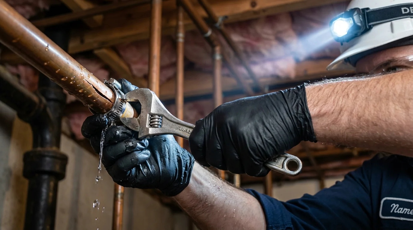 Emergency pipe clamp repair being performed by a Johns Plumbing LLC plumber in Depoe Bay