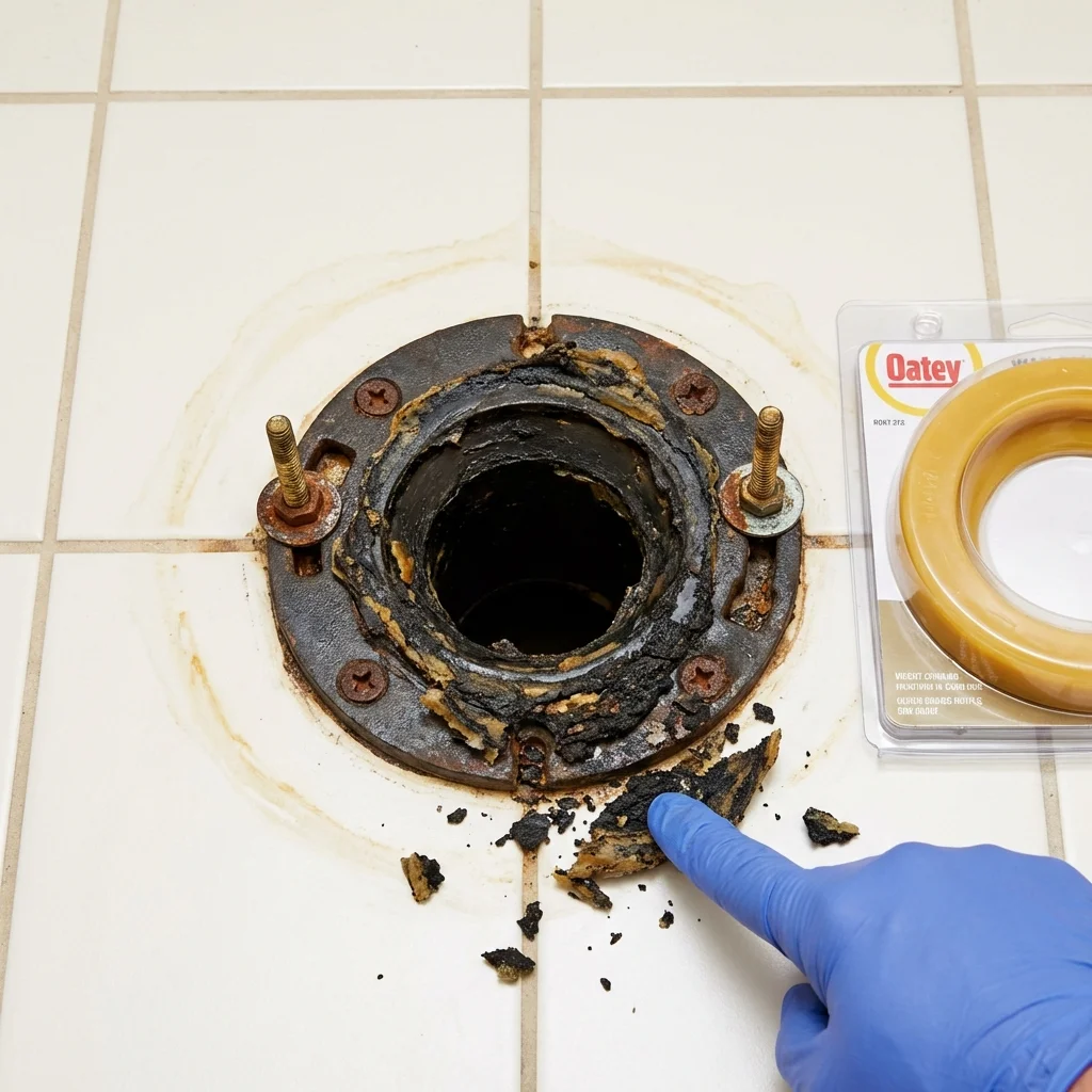 Failed wax ring showing water seepage at the base of a toilet in a Depoe Bay, OR home