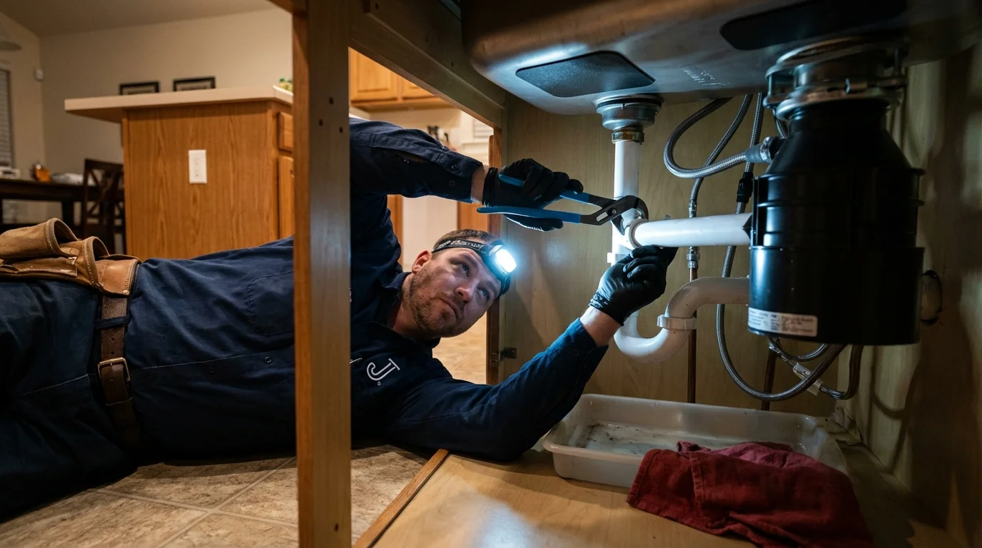 P-trap and supply line connections under a kitchen sink showing a common leak point in Depoe Bay, OR